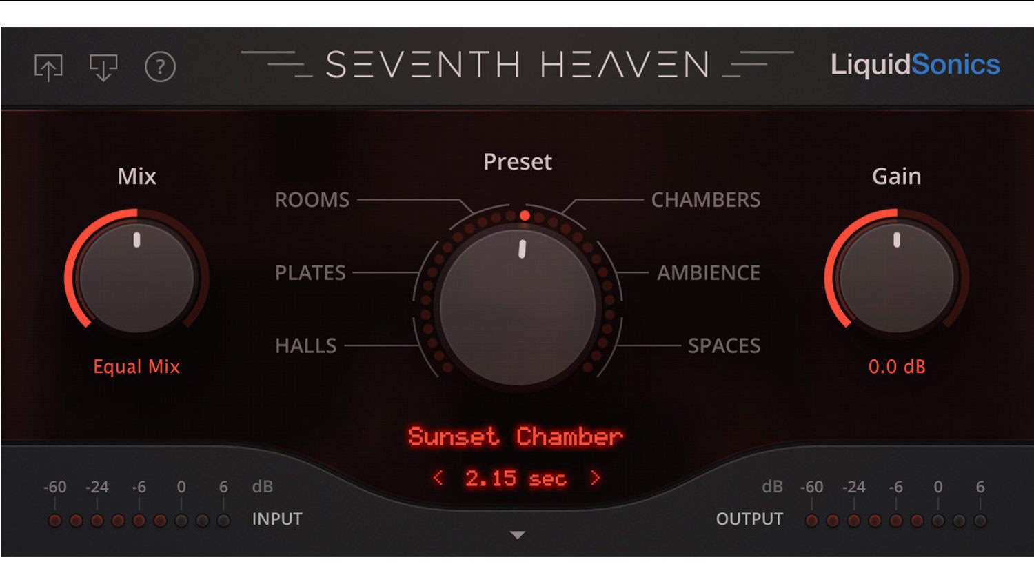 Seventh Heaven Liquid Sonics reverb plugin GUI with controls and preset options