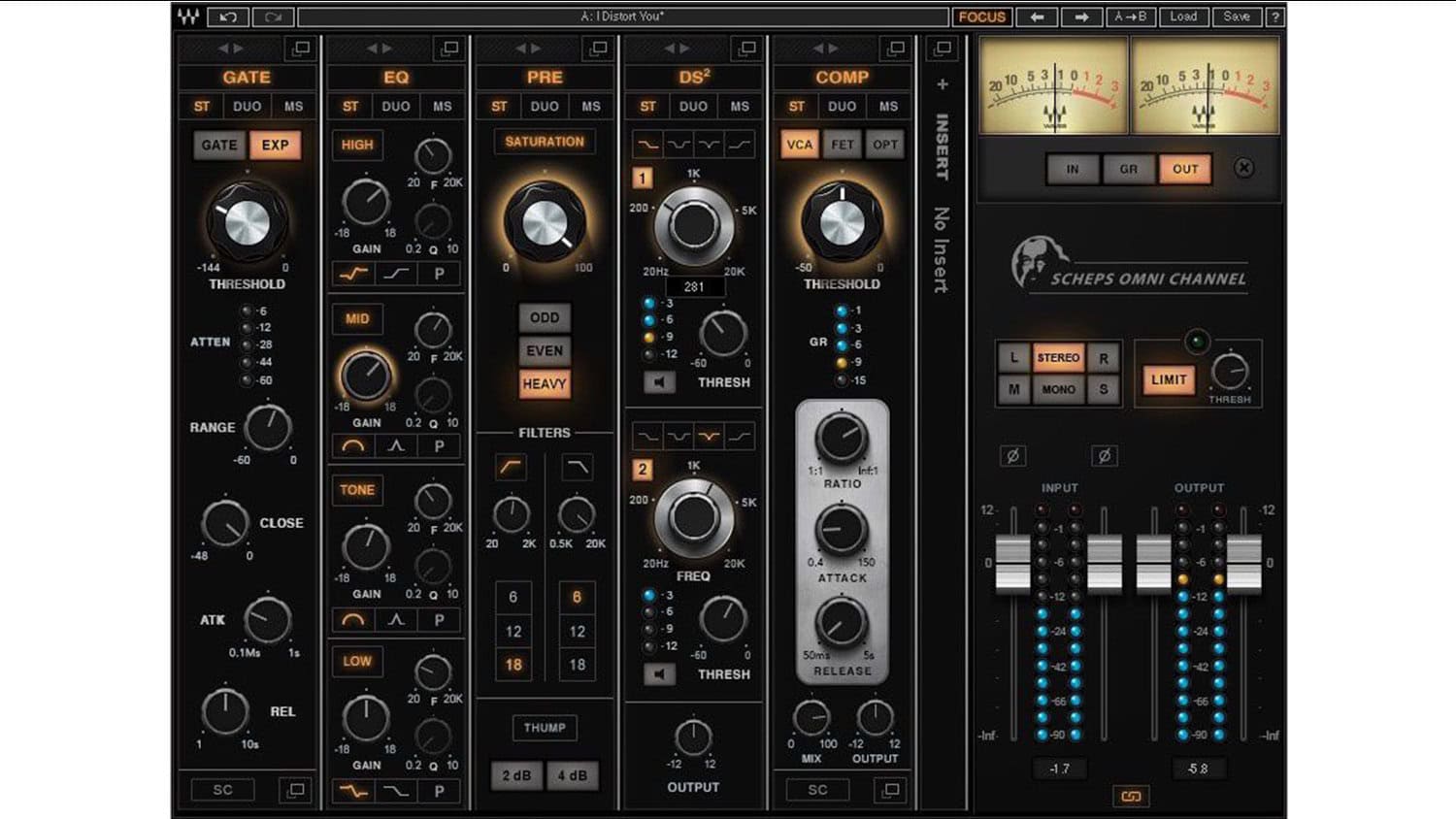 Waves Scheps Omni Channel plugin GUI with multiple processing modules